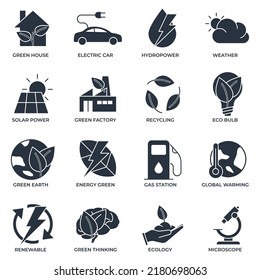 Set von Umweltökologie Symbol Symbol Symbol Vektorgrafik. Umweltfreundliches Paket. grünes Haus, Elektroauto, Wasserkraft usw. Symbolvorlage für Grafik- und Webdesign-Kollektion