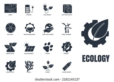 Set of Environmental ecology icon logo vector illustration. Eco friendly pack. solar energy, wind turbine, nuclear, water resource and etc symbol template for graphic and web design collection