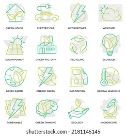 Set of Environmental ecology icon logo vector illustration. Eco friendly pack. green house, electric car, hydro power and etc symbol template for graphic and web design collection