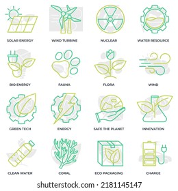 Set of Environmental ecology icon logo vector illustration. Eco friendly pack. solar energy, wind turbine, nuclear, water resource and etc symbol template for graphic and web design collection