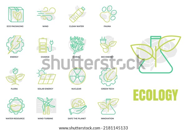 Set of Environmental ecology icon logo vector\
illustration. Eco friendly pack. solar energy, wind turbine,\
nuclear, water resource and etc symbol template for graphic and web\
design collection