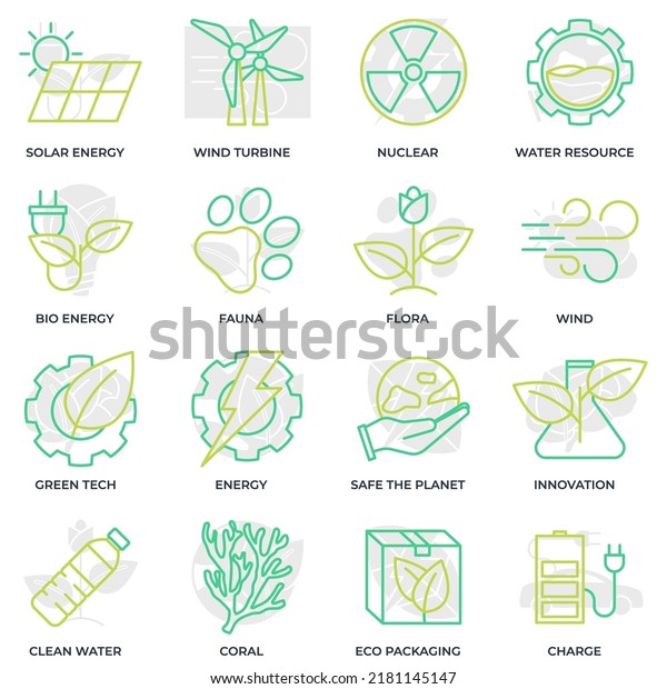 Set of Environmental ecology icon logo vector\
illustration. Eco friendly pack. solar energy, wind turbine,\
nuclear, water resource and etc symbol template for graphic and web\
design collection