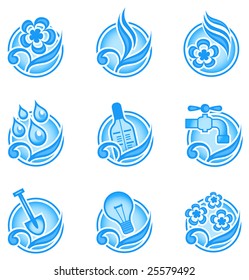 Set of environmental graphics, collection of nature icons, vector illustration in blue