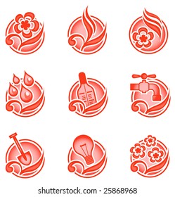 Set of environmental graphics, collection of nature icons, vector illustration in red