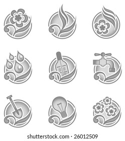 Set of environmental graphics, collection of nature icons, vector illustration in grey