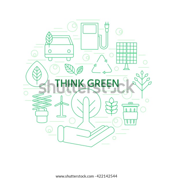A set of environmental green icons.\
Recycling, solar energy, nature protection, hybrid cars. Think\
green concept. Green vector icons and\
symbols