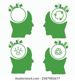 Set of environmental human head silhouettes in green colors. Icons in green colors depicting smart city, recycling.