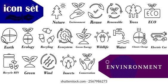 Set of environmental icon illustrations in modern and user-friendly style. Ideal for web and app design, green nature conservation. etc.