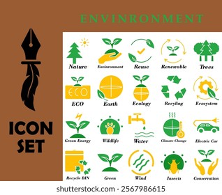 Set of environmental icon illustrations in a modern and user-friendly style, with green and yellow colors. Ideal for web and app design, green nature conservation. etc.