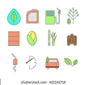 Set of environmental icons. Auto and biofuel. Eco icons. Vector illustration. Alternative fuel. Corn, sugar cane and wood basic elements of which make the bio fuel