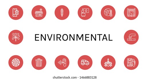 Set Of Environmental Icons Such As Bin, Solar, Cartridge, Reuse, Global Warming, Dam, Turbine, Trash, Pollution, Electric Car, Oil Platform, Wind Turbine , Environmental