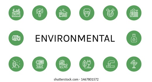 Set of environmental icons such as Geothermal energy, Clean energy, Solar cell, Pollution, Smart city, Air pollution, Solar panel, Recycle bin, Bio, Turbine, Garbage truck , environmental