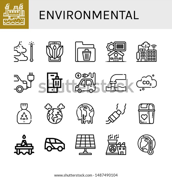 Set of\
environmental icons such as Geothermal energy, Global warming,\
Ecology, Recycle bin, Solar panel, Smart city, Electric car, Bin,\
Electric vehicle, Pollution ,\
environmental