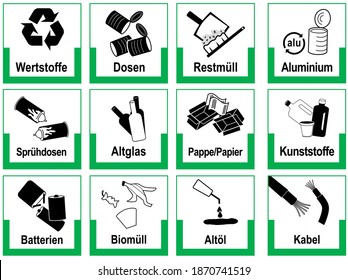 Set with environmental labels (German text: "Recyclables, cans, residual waste, aluminum, spray cans, waste glass, paper, plastics, batteries, organic waste, waste oil, cables). Vector