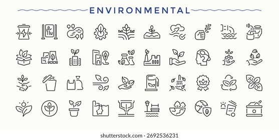Conjunto de ícone de linha Ambiental. Contém relacionados a ecologia, natureza, ecologia, energia, terra e muito mais. Pacote fino de ícones de estrutura de tópicos. Conjunto de ícones lineares da Terra. Ilustração e arte vetorial.
