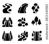 Set of environmental planning symbols, park walkways, forest elements, nature landscape silhouettes.