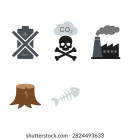 Set of environmental pollution icons showing factory emissions, carbon dioxide, battery waste, deforestation with tree stump, and dead fish skeleton symbols.