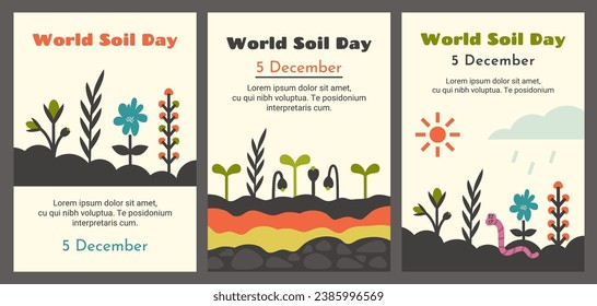 Set of environmental protection flyers, posters. World soil day. Colorful cartoon plants, flowers, cute pink earthworm crawling in ground and cleaning soil. Different Ground cross sections. Vector 
