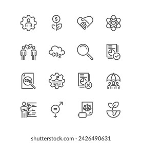 Set of environmental social governance related icons, human rights, sustainable development diversity, climate crisis and linear variety vectors.