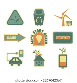 set, environmental symbols. icons, in green colors, electric car, battery, windmill, plants, trash can, light bulb, eco-house