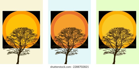 Set of environmental  tree and sun  art posters abstract design composition in trendy contemporary collage style, for wall art decoration, postcard, cover design
