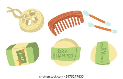 A set of environmentally friendly dry conditioner and shampoo, soap, wooden comb, wooden ear sticks, natural loofah sponge. Eco-friendly and natural ingredients. An organic self-care product. Isolated