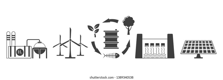 Set of environmentally friendly energy extraction icons. Vector on white background