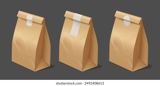 Set of environmentally friendly paper bags. Vector 3D illustrations of closed brown bags with stickers, suitable for packaging sweets and snacks. Isolated dark background is ideal for layouts.