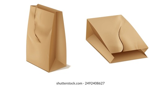 Set of environmentally friendly paper bags. Two realistic 3D torn paper bags for food and shopping. Used paper products on isolated background. Waste and garbage.