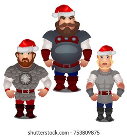 Set of epic heroes of Russian folklore and folk tales with red hats of Santa Claus with pompom isolated on white background. Vector cartoon close-up illustration.