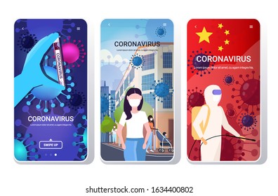 set epidemic MERS-CoV bacteria floating influenza virus cells wuhan coronavirus quarantine 2019-nCoV concepts collection smartphone screens mobile app copy space vector illustration