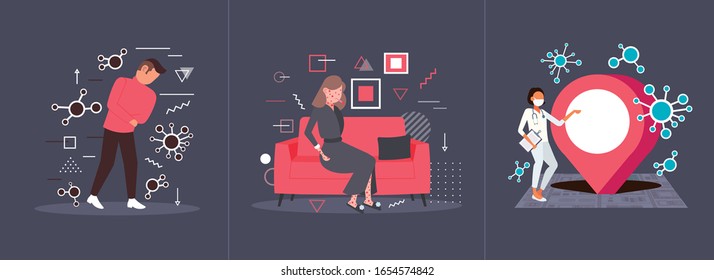 set epidemic MERS-CoV coronavirus infection wuhan 2019-nCoV pandemic health risk concepts collection horizontal full length vector illustration