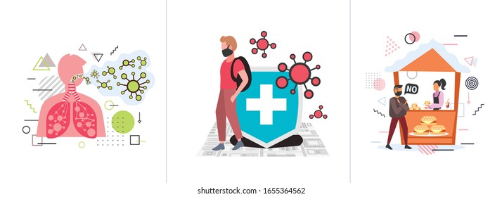 set epidemic MERS-CoV coronavirus infection wuhan 2019-nCoV pandemic health risk concepts collection horizontal full length vector illustration
