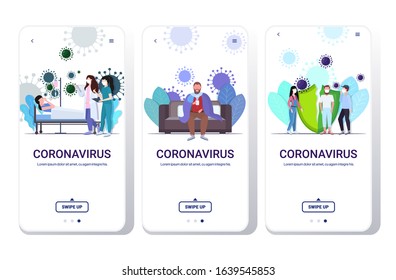 set epidemic MERS-CoV virus wuhan coronavirus 2019-nCoV pandemic medical health risk concepts collection mobile app full length copy space horizontal vector illustration