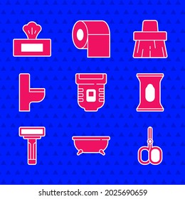 Set Epilator, Bathtub, Nail Scissors, Wet Wipe Pack, Shaving Razor, Toilet Bowl, Handle Broom And  Icon. Vector