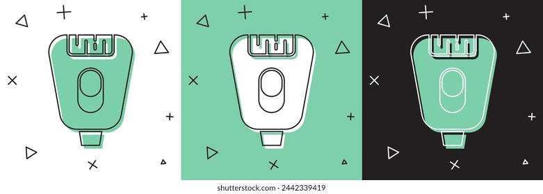 Set Epilator icon isolated on white and green, black background. Depilation by electric razor. Hair removal on the body.  Vector