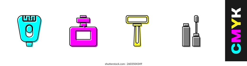 Set Epilator, Perfume, Shaving razor and Mascara brush icon. Vector