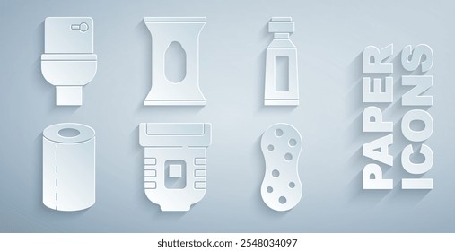 Set depiladora, tubo de pasta de dientes, rollo de toalla de papel, esponja, paquete de toallitas húmedas e icono de tazón de inodoro. Vector