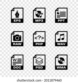 Set EPS file document, MP3, PPT, DOC, PSD and WMA icon. Vector