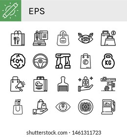 Set of eps icons such as Led light, Shopping bag, Typing, Eye, Bag, Wheel, Steering wheel, Dolmen, Kettlebell, Hair brush, Gas station, Fuel station , eps