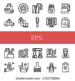Set of eps icons. Such as Shopping bag, Police car, Wheel, Compressed file, Hair brush, Kettlebell, Ink level, Fuel station, Bag, Svg, Power bank, Dolmen, Gas station , eps icons svg