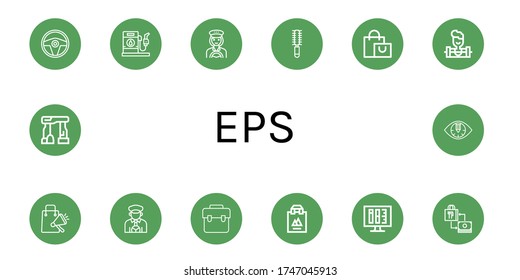 Set of eps icons. Such as Steering wheel, Gas station, Taxi driver, Hair brush, Shopping bag, Weighlifter, Bag, Ink level, Dolmen, Eye , eps icons