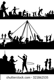 Set of eps8 editable vector foreground silhouettes of children playing in school playgrounds