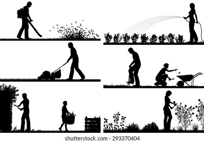 Set of eps8 editable vector silhouette foregrounds of people gardening with all figures as separate objects