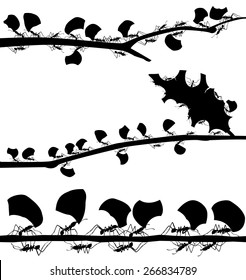 Set of EPS8 editable vector silhouettes of leaf cutter ants with all leaf fragments and ants as separate objects