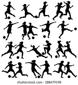 Set of eps8 editable vector silhouettes of women playing football with all figures as separate objects