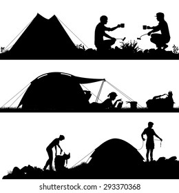 Set of eps8 editable vector silhouettes of people camping with figures and tents as separate objects