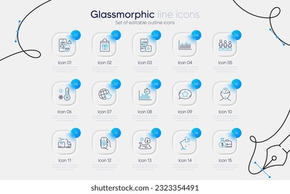 Juego de iconos de la línea de aplicaciones para aplicaciones web de Equality, Weather thermeter y Phone. Aplicación ecológica, Salario, Iconos de lámpara de mesa. Camión de entrega, temporizador de informe, señales de ataque cibernético. Diagrama de dinero. Vector