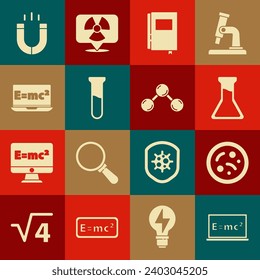 Set Equation solution, Bacteria, Test tube and flask, Book, Magnet and Molecule icon. Vector