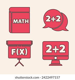 Set Equation solution, Book with word mathematics, Equation solution and Chalkboard icon. Vector